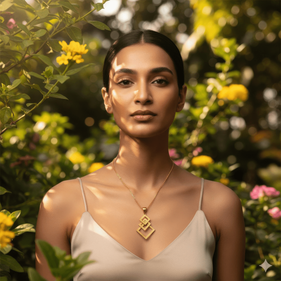 Indian woman wearing gold pendant in lush garden